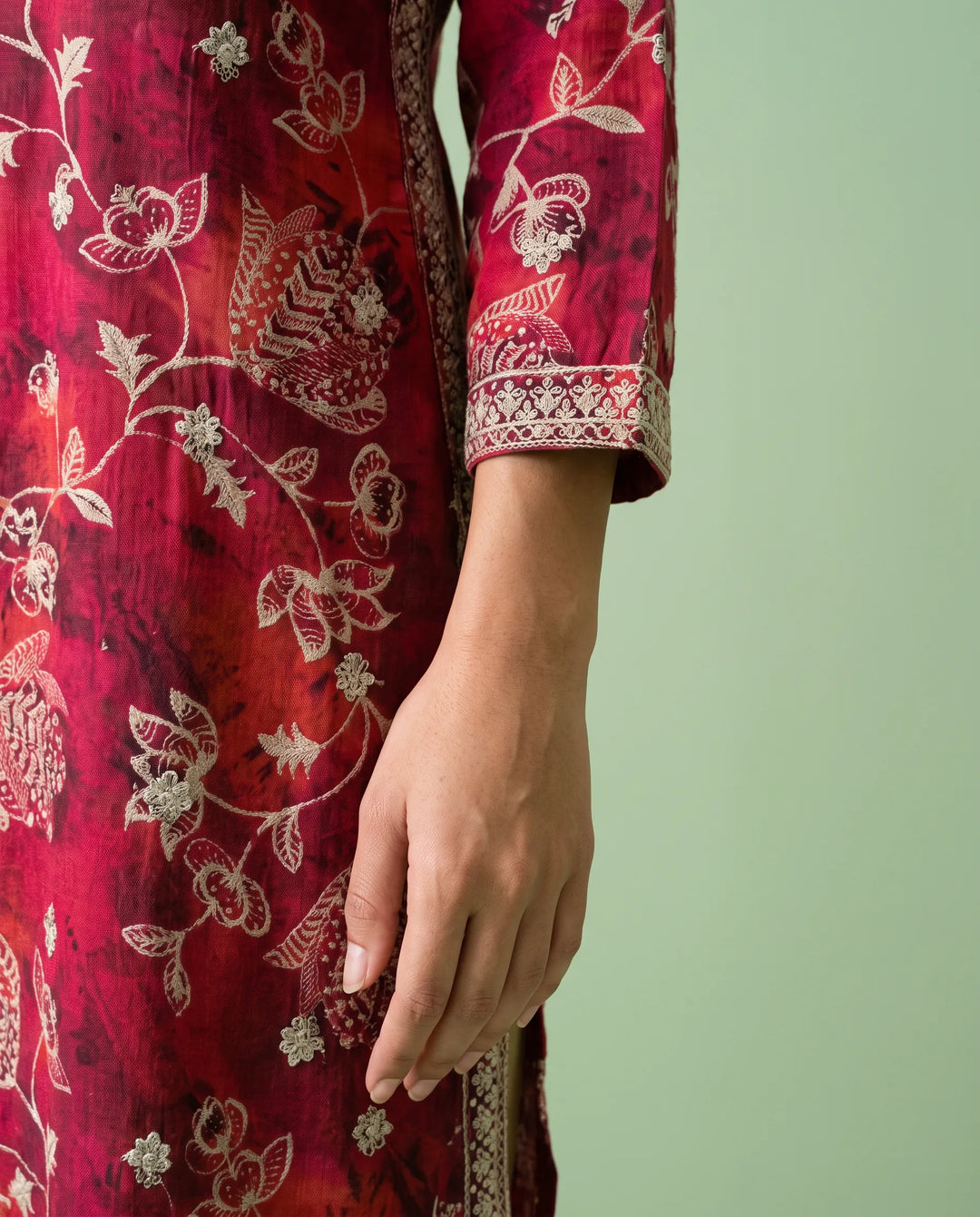 Maroon Embroidered Viscose Blended 3/4 Sleeves Straight Cut Long Kurta