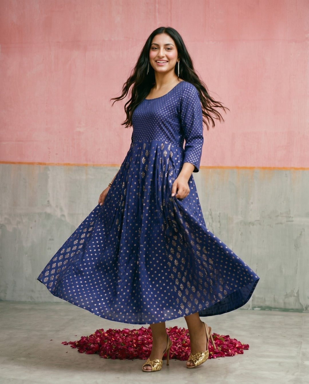 Navy Printed Mal Cotton Foil Printed Maxi Dress