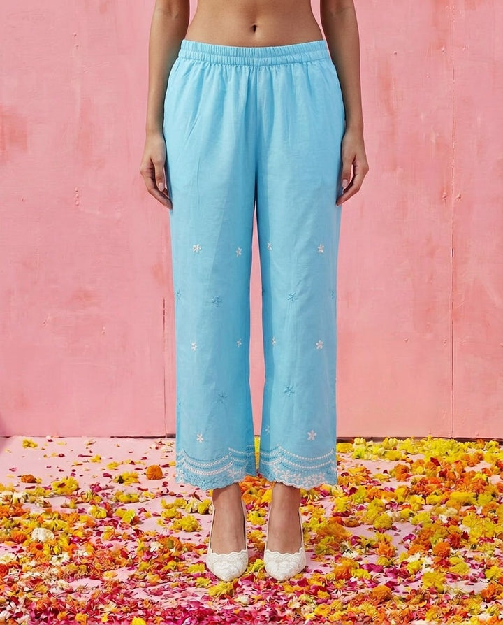 Blue Embroidered Cotton Satin Co-Ord Set