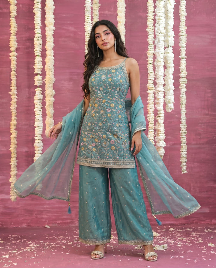 Turquoise Embriodered Silk Blended Spaghetti Strap Kurta Bottom Dupatta Set