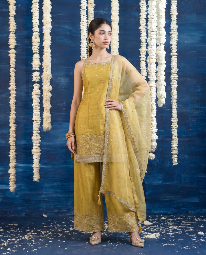 Yellow Embriodered Silk Blended Spaghetti Strap Kurta Bottom Dupatta Set