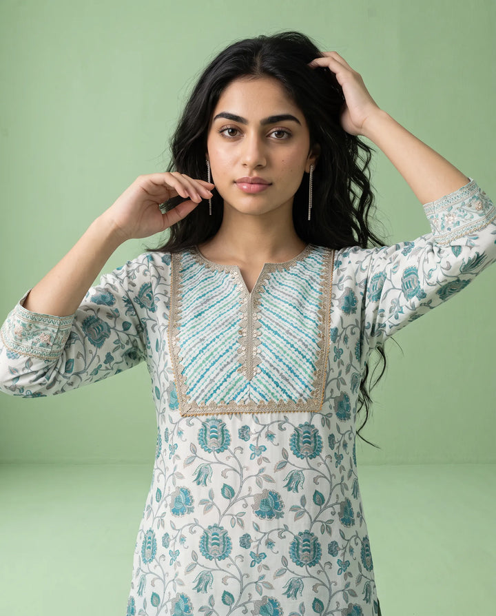 Blue Printed Viscose Blended Straight cut Long Kurta