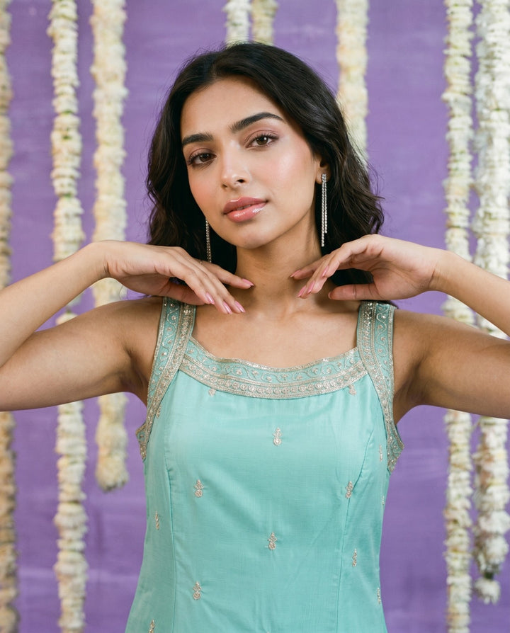 Turquoise Embroidered Viscose Blended Sleeveless Straight cut Long Kurta