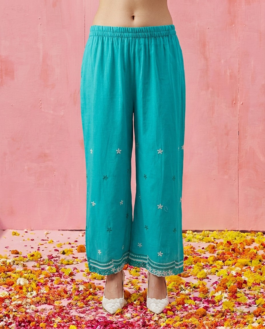Turquoise Embroidered Cotton Satin Co-Ord Set