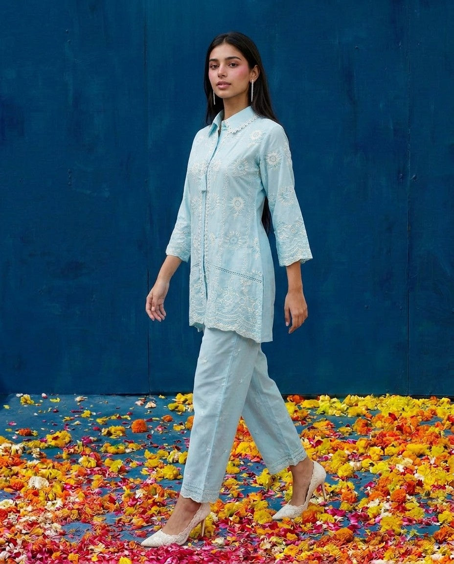 Sky Blue Embroidered Cotton Satin Co-Ord Set