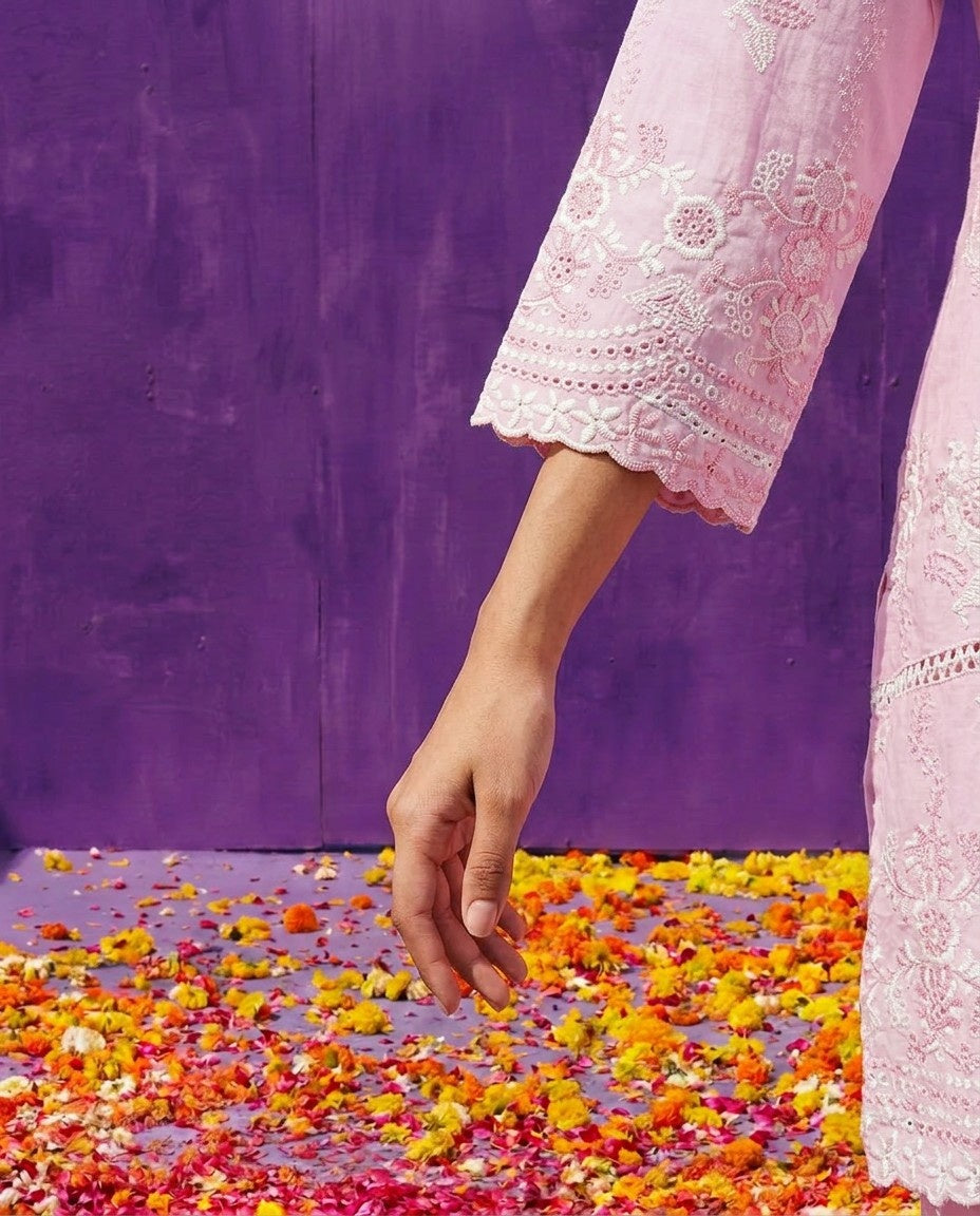 Pink Embroidered Cotton Satin Co-Ord Set