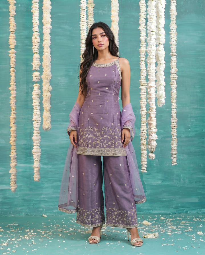 Purple Embriodered Silk Blended Spaghetti Strap Kurta Bottom Dupatta Set