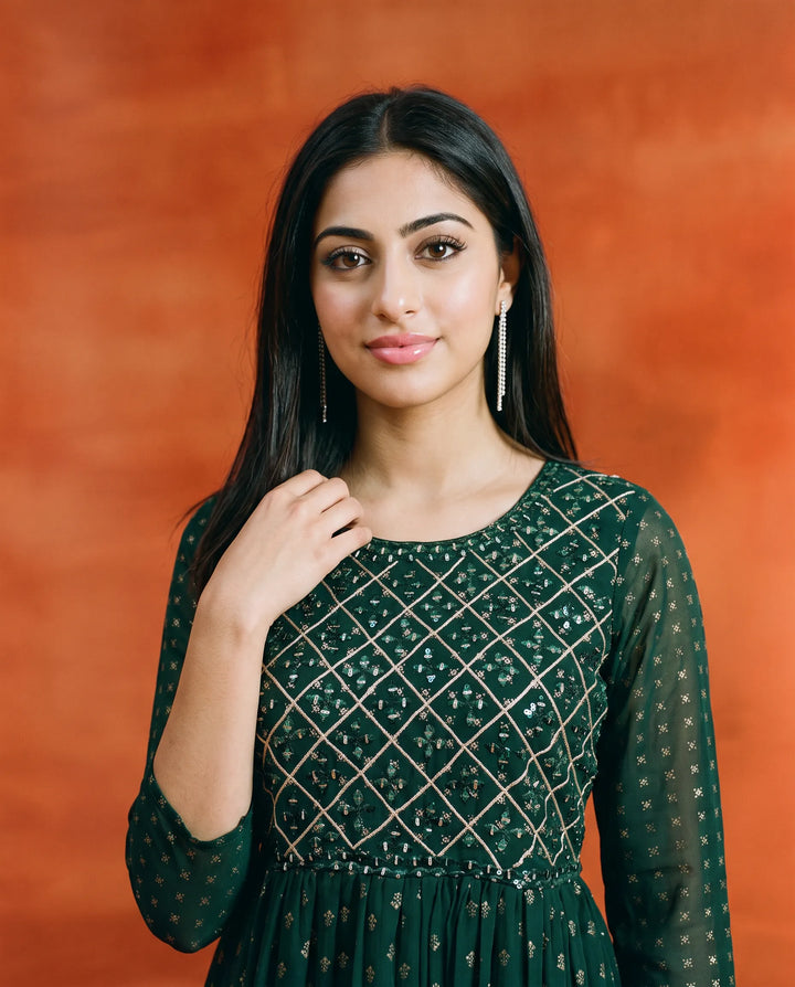 Bottle Green Embriodered Georgette Maxi Dress