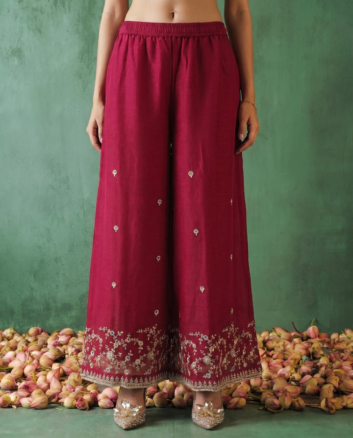 Magenta Embriodered Silk Blended Spaghetti Strap Kurta Bottom Dupatta Set