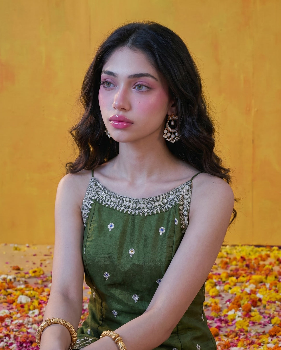 Green Embriodered Silk Blended Spaghetti Strap Kurta Bottom Dupatta Set