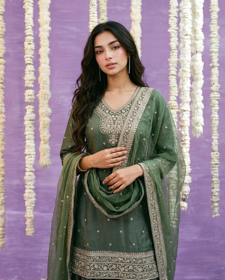 Olive Embriodered Silk Blended Kurta Bottom Dupatta Set