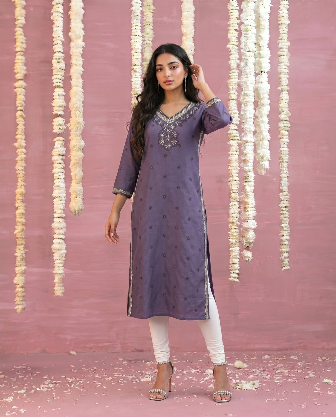 Purple Embroidered Viscose Blended Straight cut Long Kurta