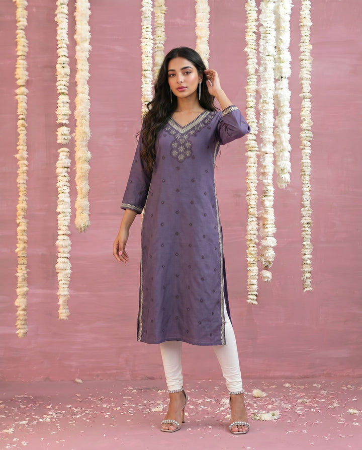 Purple Embroidered Viscose Blended Straight cut Long Kurta