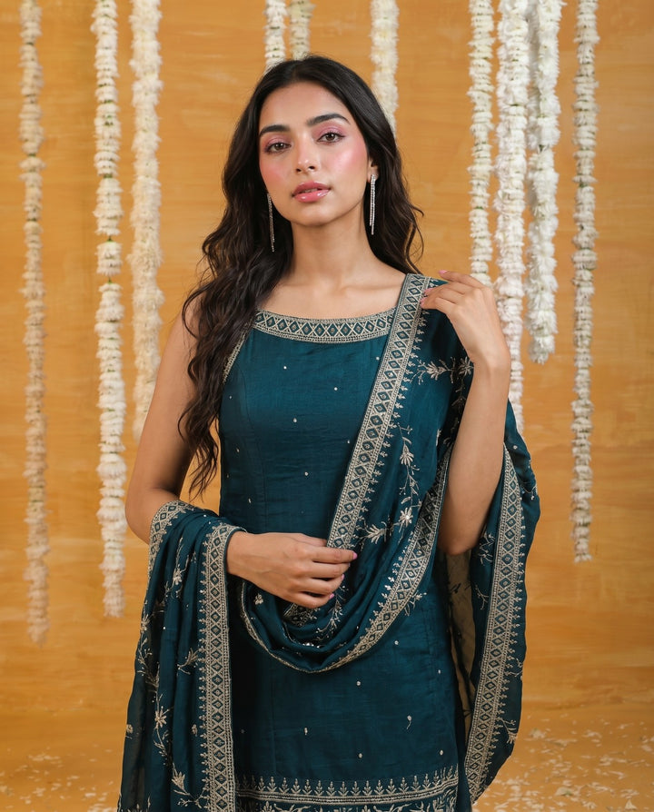 Bottle Green Embriodered Silk Blended Sleeveless Kurta Bottom Dupatta Set