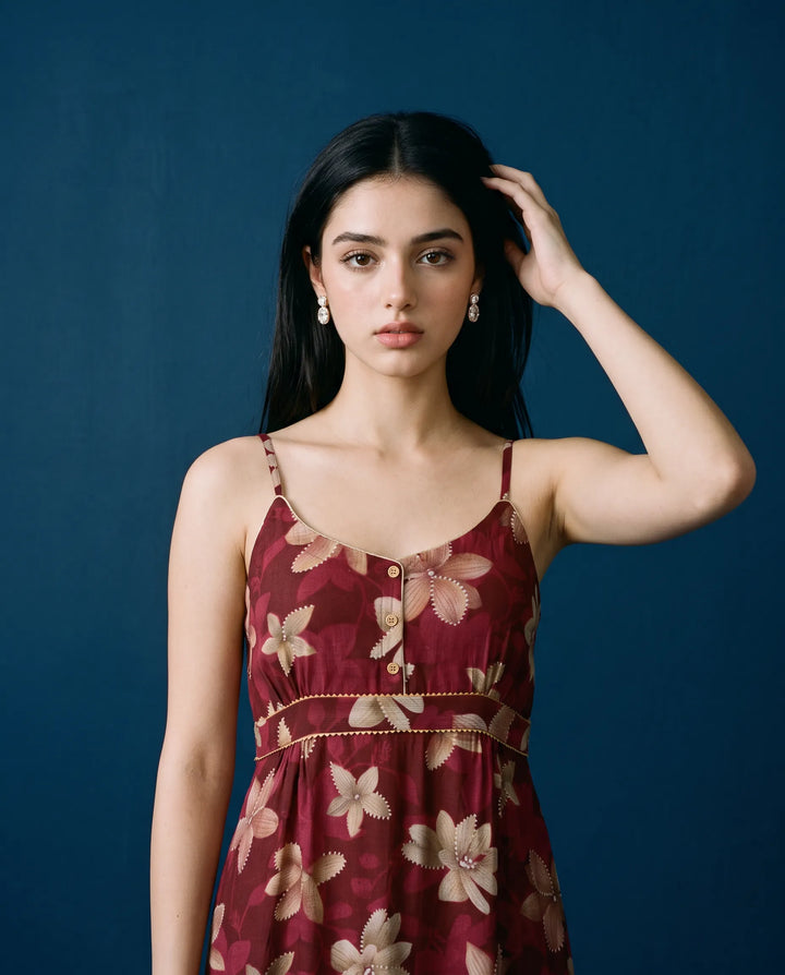 Maroon Printed Viscose Blended Spaghetti Strap Straight Cut Long Kurta