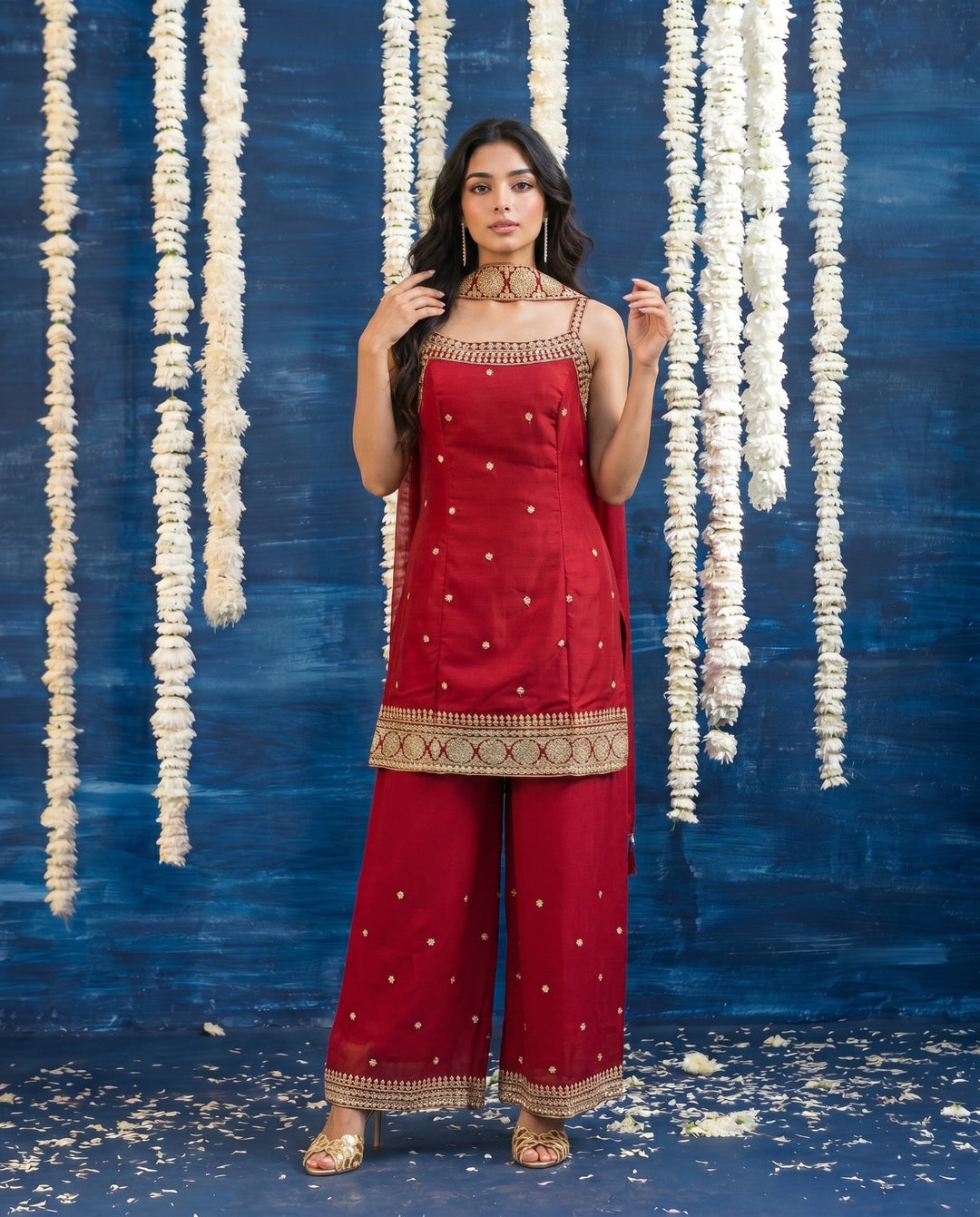 Red Embriodered Silk Blended Spaghetti Strap Kurta Bottom Dupatta Set