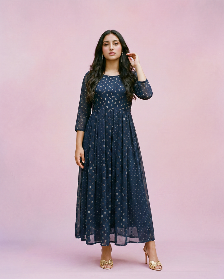 Navy Printed Georgette Maxi Dress