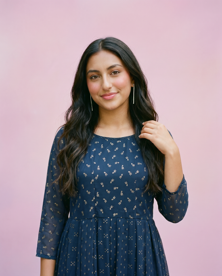 Navy Printed Georgette Maxi Dress