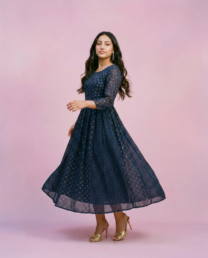 Navy Printed Georgette Maxi Dress