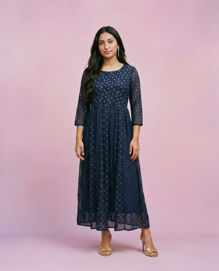 Navy Printed Georgette Maxi Dress