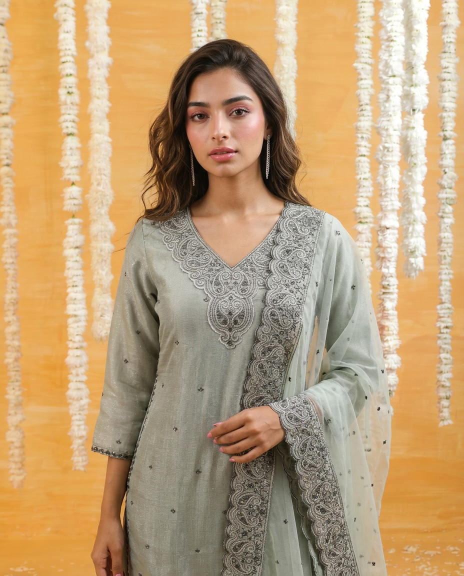 Grey Embriodered Silk Blended 3/4 Sleeves Kurta Bottom Dupatta Set