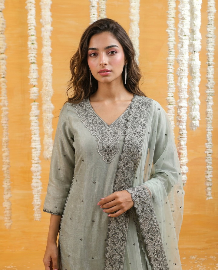 Grey Embriodered Silk Blended 3/4 Sleeves Kurta Bottom Dupatta Set