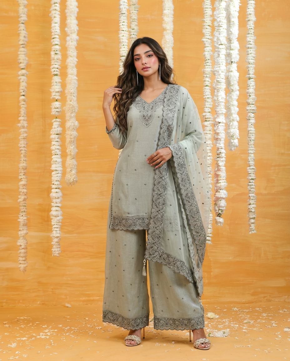 Grey Embriodered Silk Blended 3/4 Sleeves Kurta Bottom Dupatta Set