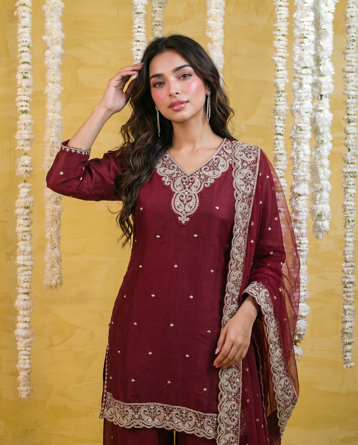 Maroon Embriodered Silk Blended 3/4 Sleeves Kurta Bottom Dupatta Set