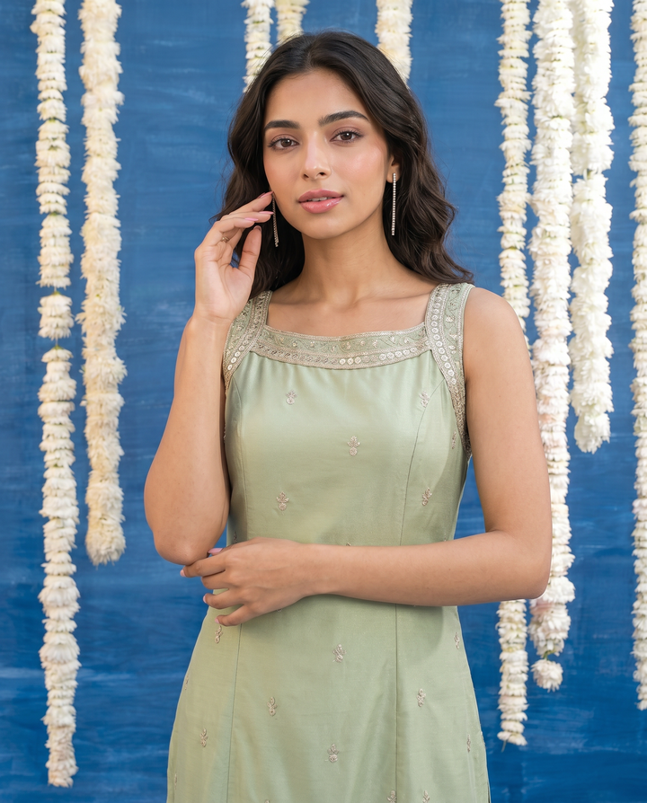 Pista Embroidered Viscose Blended Sleeveless Straight cut Long Kurta