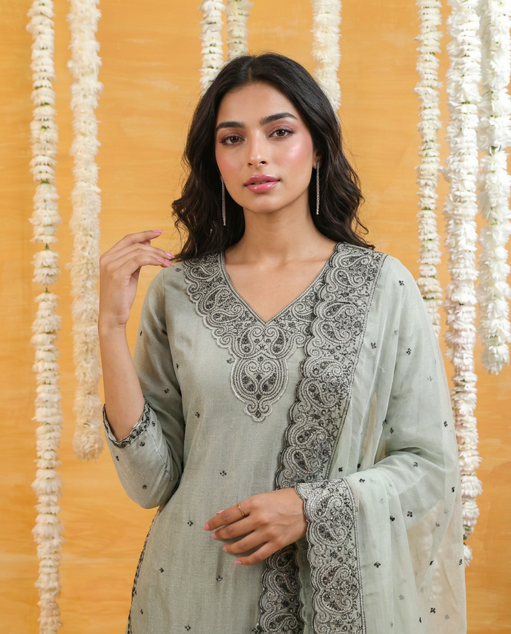 Grey Embriodered Silk Blended 3/4 Sleeves Kurta Bottom Dupatta Set