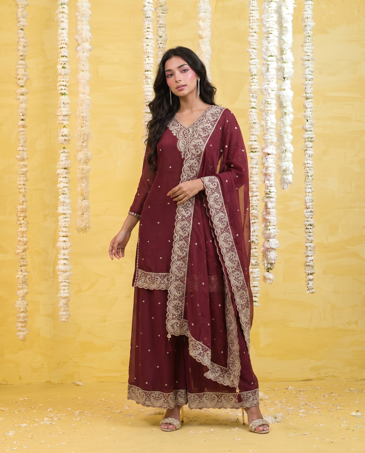Maroon Embriodered Silk Blended 3/4 Sleeves Kurta Bottom Dupatta Set