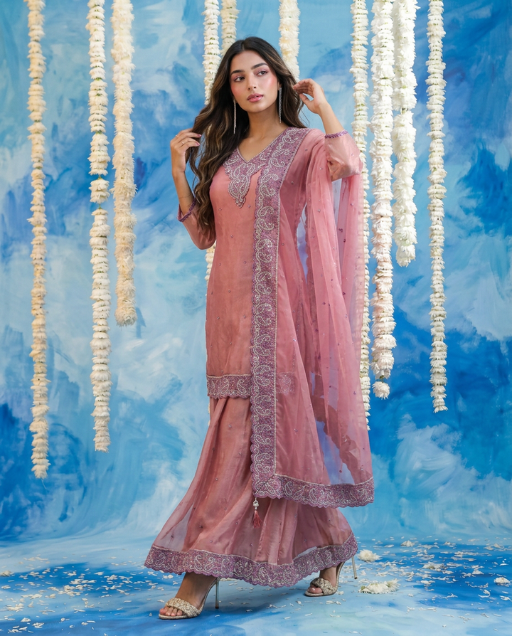 Pink Embriodered Silk Blended 3/4 Sleeves Kurta Bottom Dupatta Set