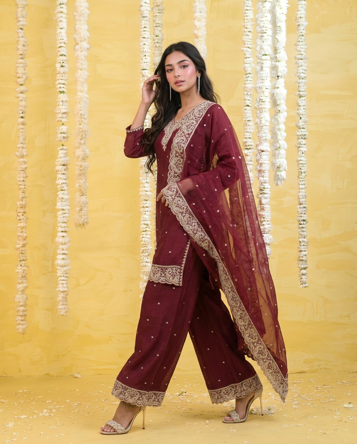 Maroon Embriodered Silk Blended 3/4 Sleeves Kurta Bottom Dupatta Set