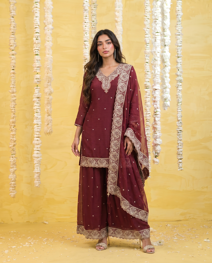 Maroon Embriodered Silk Blended 3/4 Sleeves Kurta Bottom Dupatta Set