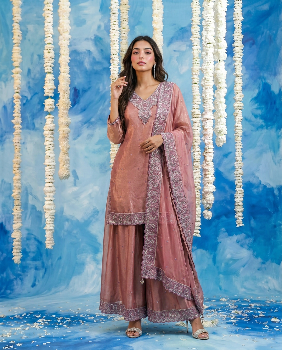 Pink Embriodered Silk Blended 3/4 Sleeves Kurta Bottom Dupatta Set