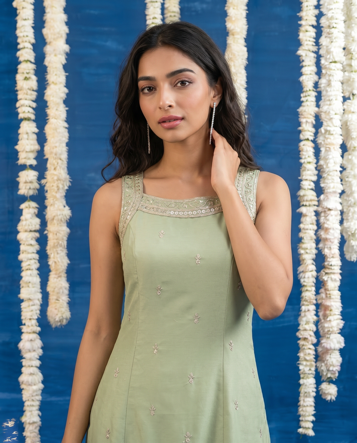 Pista Embroidered Viscose Blended Sleeveless Straight cut Long Kurta