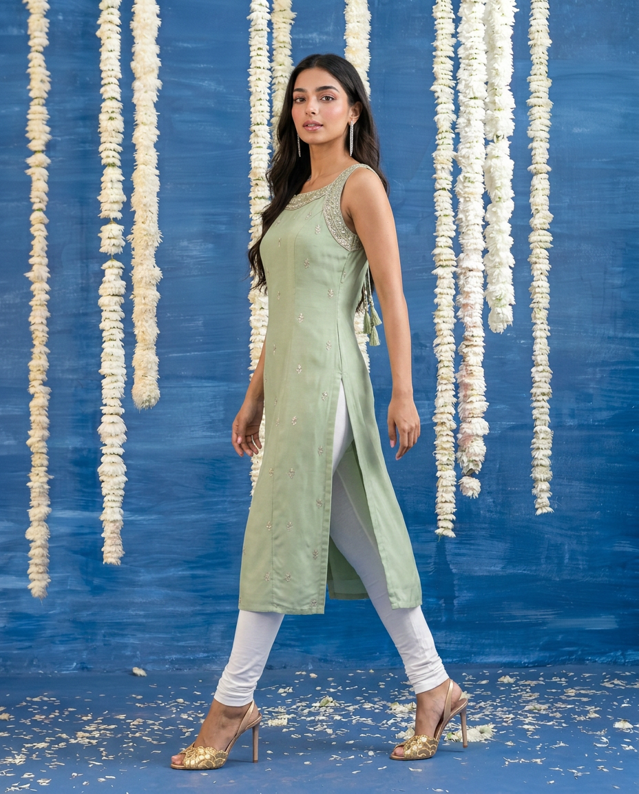 Pista Embroidered Viscose Blended Sleeveless Straight cut Long Kurta