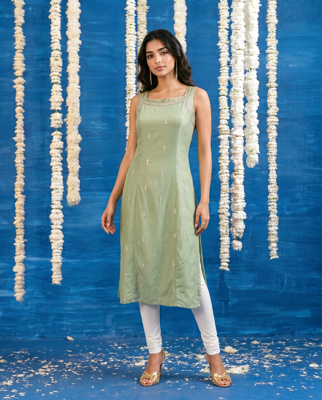 Pista Embroidered Viscose Blended Sleeveless Straight cut Long Kurta