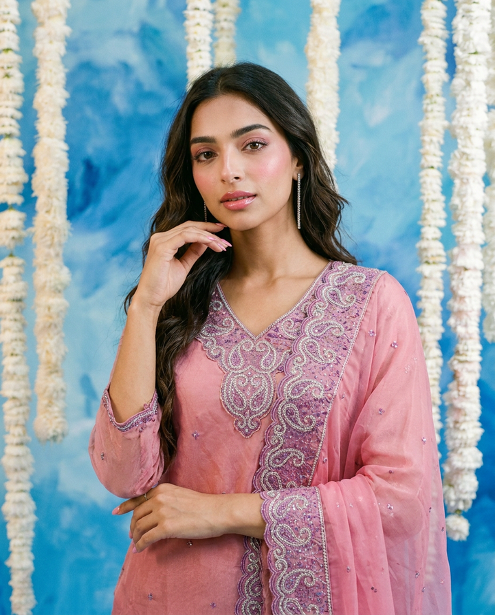 Pink Embriodered Silk Blended 3/4 Sleeves Kurta Bottom Dupatta Set