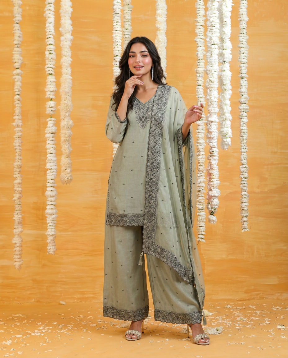 Grey Embriodered Silk Blended 3/4 Sleeves Kurta Bottom Dupatta Set