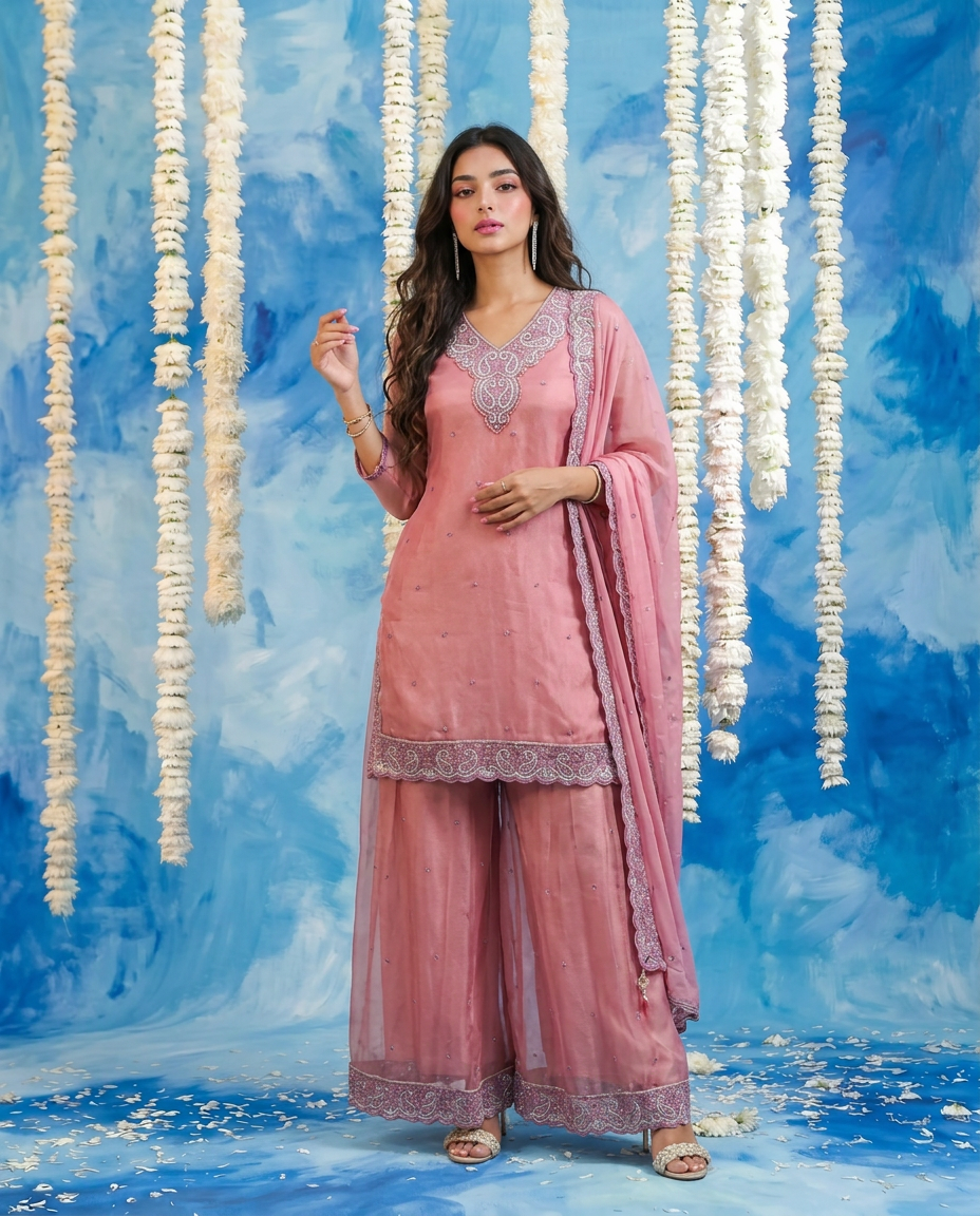 Pink Embriodered Silk Blended 3/4 Sleeves Kurta Bottom Dupatta Set