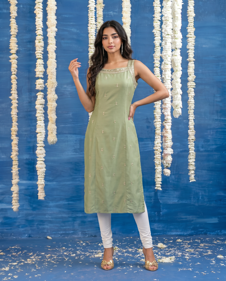 Pista Embroidered Viscose Blended Sleeveless Straight cut Long Kurta