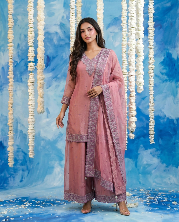 Pink Embriodered Silk Blended 3/4 Sleeves Kurta Bottom Dupatta Set