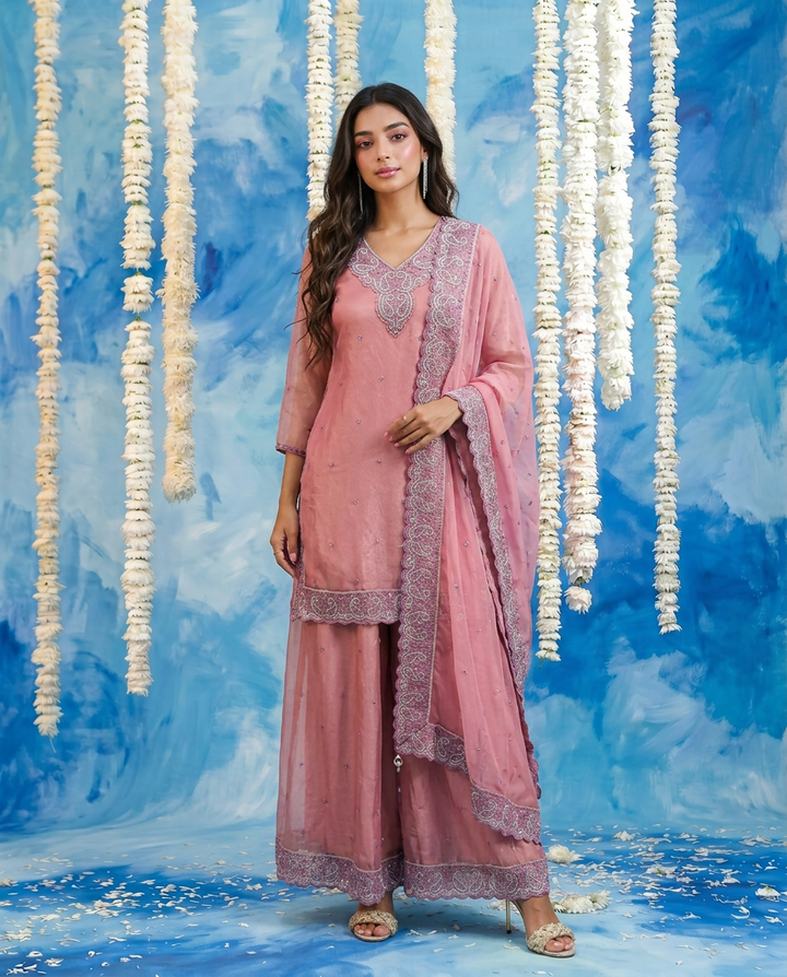 Pink Embriodered Silk Blended 3/4 Sleeves Kurta Bottom Dupatta Set