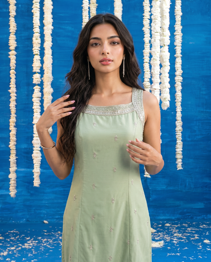 Pista Embroidered Viscose Blended Sleeveless Straight cut Long Kurta