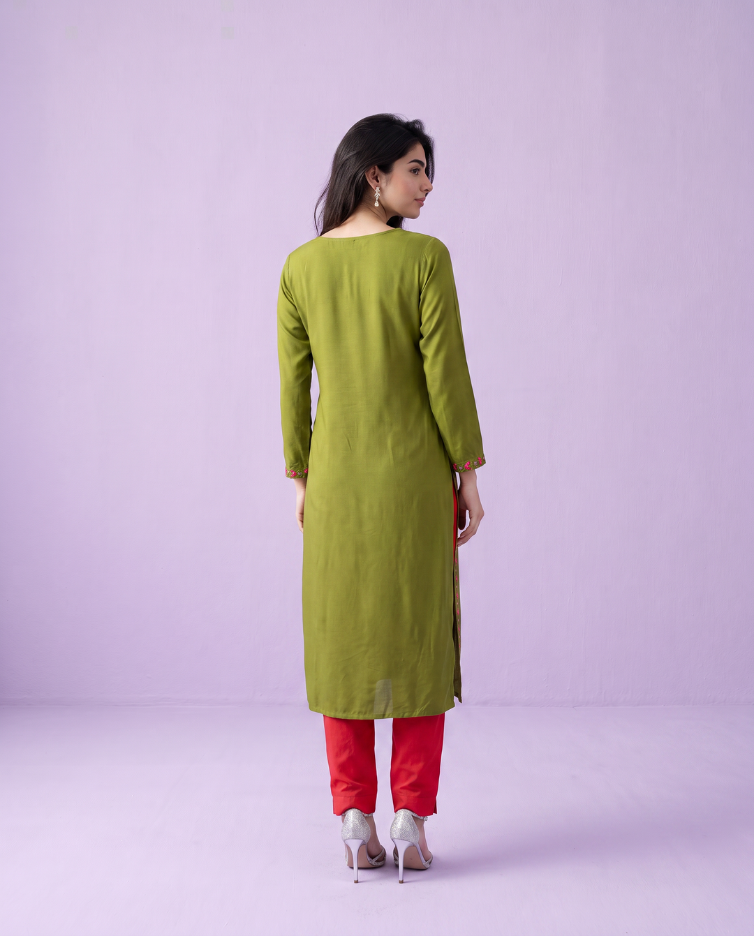 Olive Embroidered Rayon Straight Cut Long Kurta