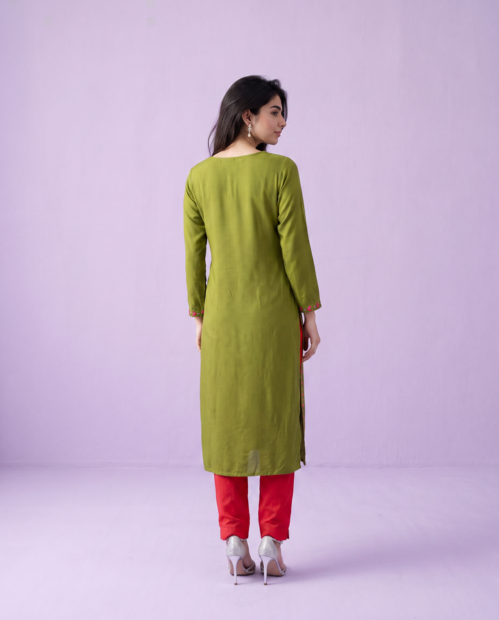 Olive Embroidered Rayon Straight Cut Long Kurta