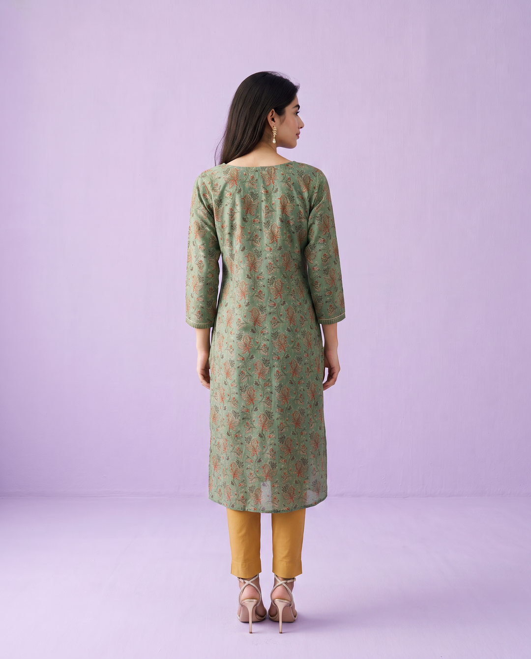 Green Printed Viscose Blended Straight cut Long Kurta
