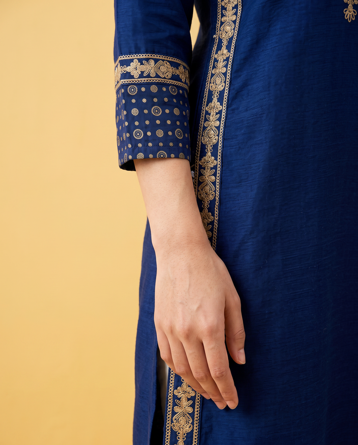 Navy Embroidered Viscose Blended Straight cut Long Kurta