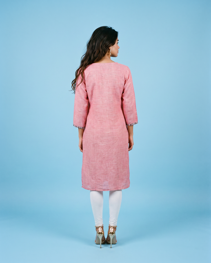 Pink Embroidered Cotton Straight cut Long Kurta